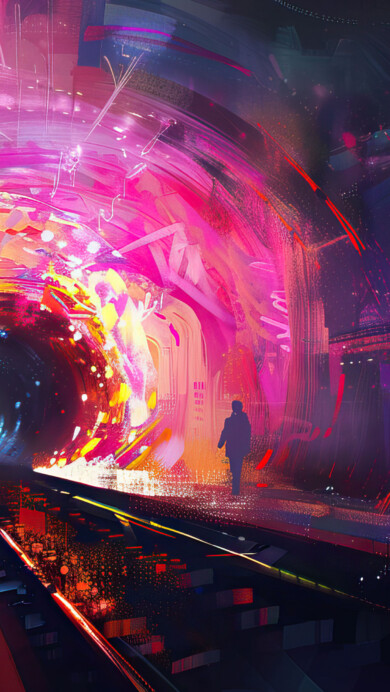 A stunning 4K wallpaper featuring abstract urban tunnel art with vibrant colors and geometric patterns. This digital artwork captures the essence of a modern cityscape, creating a visually striking and futuristic atmosphere, perfect for your desktop or mobile wallpaper.