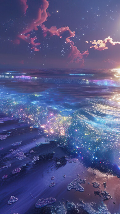 A stunning 4K wallpaper featuring a bioluminescent night beach with glowing waves gently lapping against the shore. The ethereal blue light from the bioluminescent organisms illuminates the dark night, creating a mesmerizing and serene natural phenomenon, perfect for your desktop or mobile background.