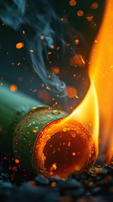 A stunning 4K wallpaper featuring a vibrant depiction of burning bamboo. This digital artwork captures the intense flames and fiery sparks enveloping the bamboo stalks, creating a surreal and mesmerizing visual experience. Perfect for adding a dramatic and artistic touch to your desktop or mobile background.