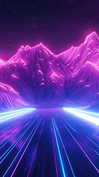 A stunning 4K wallpaper featuring futuristic neon mountains and dynamic light trails against a dark backdrop. This digital artwork captures a vibrant, sci-fi landscape that creates a mesmerizing visual experience, perfect for your desktop or mobile wallpaper.