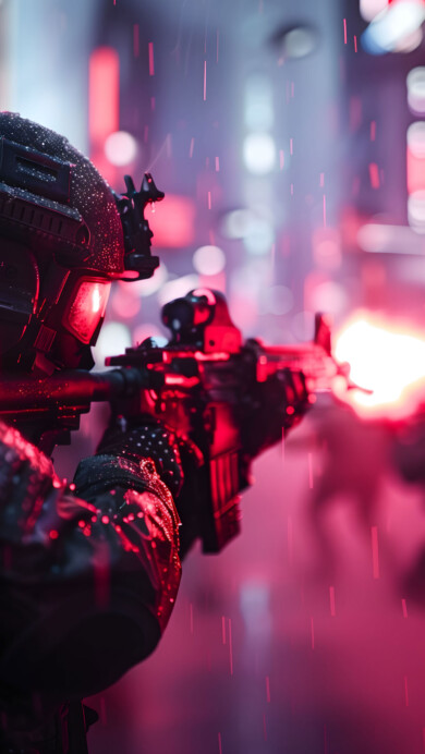 A striking 4K wallpaper featuring futuristic soldiers standing amidst a vibrant neon rain. The sci-fi scene is brought to life with a blend of neon colors and digital effects, creating an atmospheric and dystopian backdrop perfect for enhancing your desktop or mobile screen.