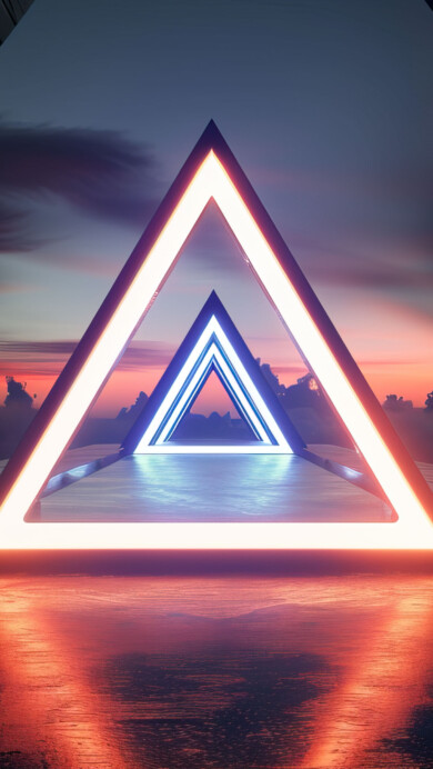 A mesmerizing 4K wallpaper featuring a futuristic AI-generated triangle portal. The geometric design and vibrant colors create a captivating visual effect, transporting you to a sci-fi world. Ideal for desktop or mobile backgrounds, this wallpaper offers a glimpse into a surreal, imaginative realm.