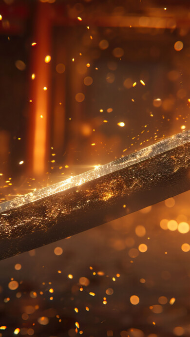 A mesmerizing 4K wallpaper featuring a glowing katana blade engulfed in vibrant flames. The intense fire and radiant sword create a dramatic and captivating visual, perfect for enhancing your desktop or mobile background.