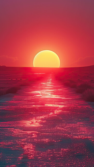 A stunning 4K wallpaper featuring a red sunset over a vast desert landscape. The vibrant colors of the setting sun cast a warm glow over the sand dunes, creating a picturesque and serene scene, perfect for your desktop or mobile background.