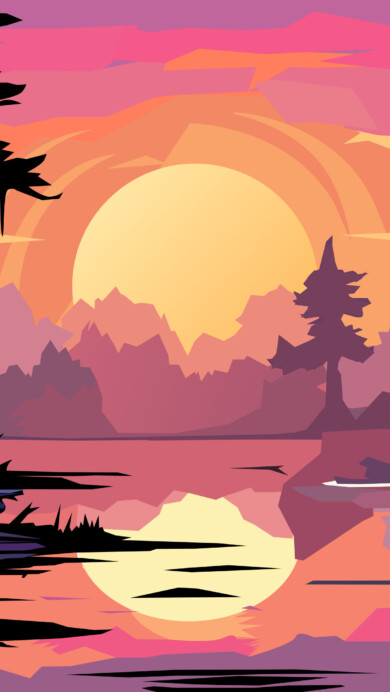 A stunning 4K wallpaper featuring a serene sunset over a tranquil forest lake. The warm hues of the setting sun reflect on the calm water, creating a picturesque and peaceful landscape, perfect for your desktop or mobile background.