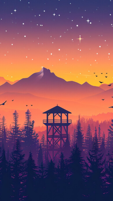 A stunning 4K wallpaper featuring a scenic watchtower silhouetted against a vibrant sunset. The landscape captures the serene beauty of the setting sun with warm hues illuminating the sky and horizon, making it an ideal background for your desktop or mobile device.