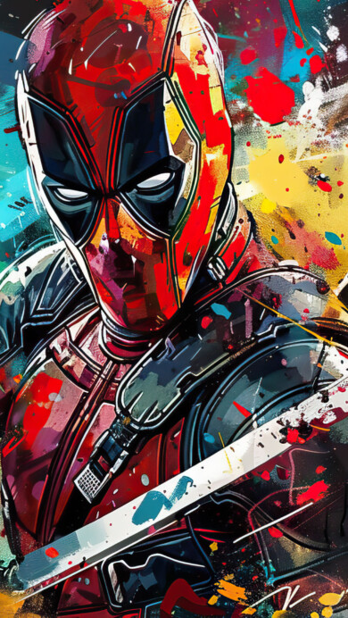 A dynamic 4K wallpaper featuring an abstract portrayal of Deadpool in action. This high-resolution digital artwork captures the essence of the iconic Marvel superhero with vibrant colors and striking details, perfect for your desktop or mobile background.