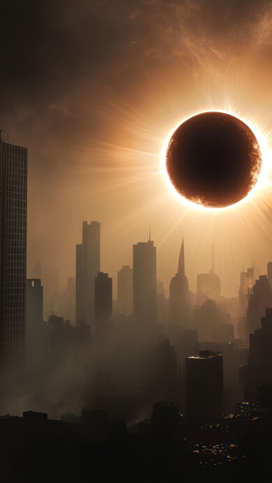 A stunning 4K wallpaper featuring a dramatic eclipse casting a shadow over a futuristic metropolis. The urban skyline, bathed in the soft glow of the eclipsed sun, creates an atmospheric and surreal scene, perfect for your desktop or mobile background.