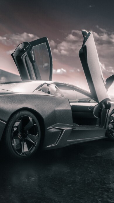 A stunning 4K wallpaper featuring the Lamborghini Reventon inspired by jet fighter design. The sleek and aggressive lines of the car are highlighted in this high-resolution image, capturing its futuristic and powerful aesthetic.