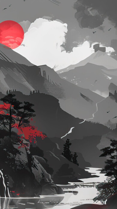 A stunning 4K wallpaper featuring a traditional Japanese scenery painting in red and black. This high-resolution artwork captures the serene beauty of a Japanese landscape, ideal for setting as your desktop or mobile wallpaper.