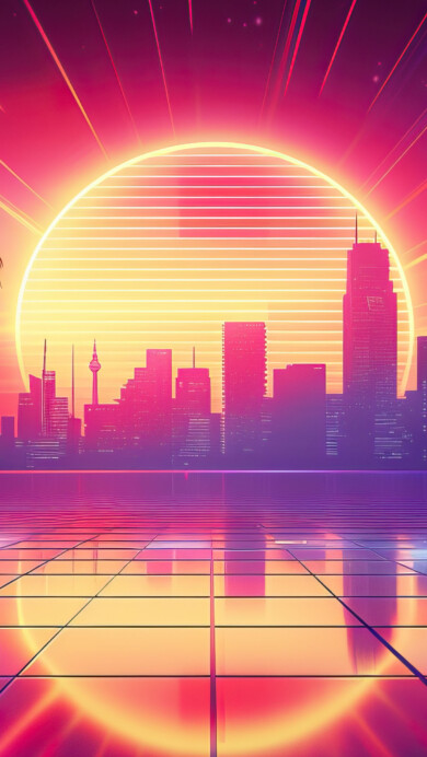 A vibrant 4K wallpaper featuring a retro cityscape at sunset. The neon-lit skyline and glowing horizon capture the essence of an 80s aesthetic, blending synthwave and vaporwave styles to create a mesmerizing, nostalgic atmosphere. Perfect for adding a touch of retro flair to your desktop or mobile screen.