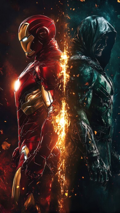 A captivating 4K wallpaper featuring Iron Man and Doctor Doom in an intense face-off. The high-resolution image showcases the detailed armor of both iconic Marvel characters, perfect for adding a dynamic and powerful scene to your desktop or mobile background.