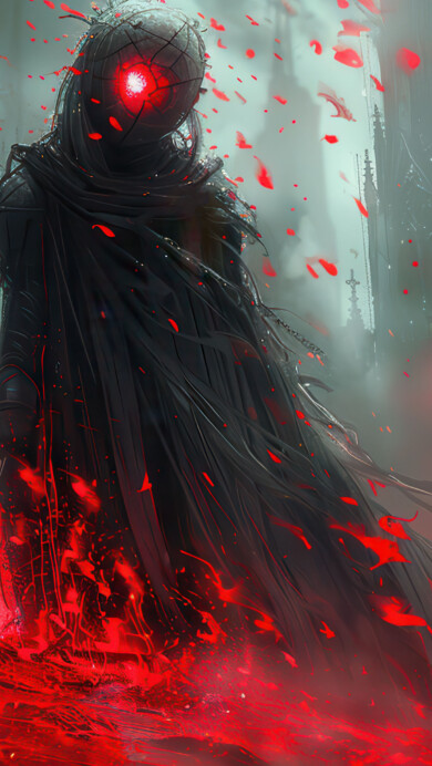 A captivating 4K wallpaper featuring a mystic specter with glowing red eyes, surrounded by an eerie atmosphere. This haunting and supernatural digital artwork evokes a sense of mystery and intrigue, making it a perfect choice for your desktop or mobile background.