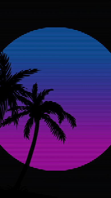 A vibrant 4K wallpaper featuring retro palm trees silhouetted against a neon sunset. The bold, neon colors and 80s-inspired aesthetic create a nostalgic tropical scene, perfect for adding a touch of vintage flair to your desktop or mobile background.