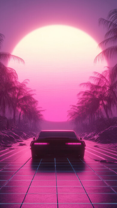 A stunning 4K wallpaper featuring a synthwave car journey at dusk, with vibrant neon lights and a retro 80s aesthetic. The digital artwork captures a nostalgic scene of a car driving along a road, surrounded by glowing city lights and a colorful sky, creating an immersive atmosphere perfect for your desktop or mobile wallpaper.