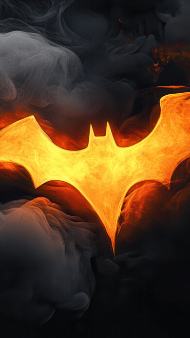 A stunning 4K wallpaper featuring the iconic Batman logo engulfed in fiery flames. The dramatic and intense design creates a powerful visual effect, perfect for fans of the Dark Knight seeking a striking desktop or mobile background.