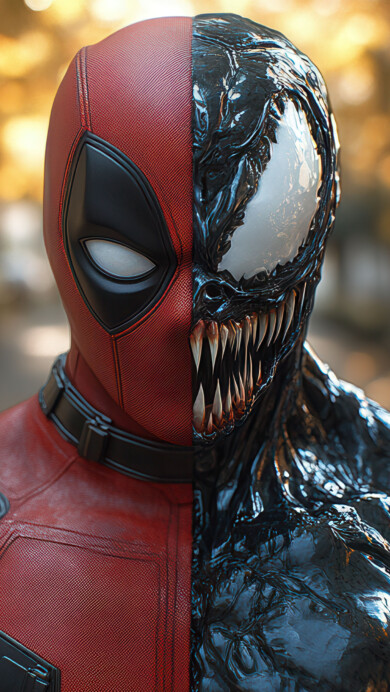 A stunning 4K wallpaper featuring a dramatic Deadpool and Venom crossover, capturing both characters in a dynamic pose. The intense, dark atmosphere is enhanced by vivid details and sharp contrasts, making this an epic backdrop for any Marvel fan's desktop or mobile screen.