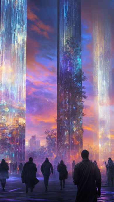 A mesmerizing 4K wallpaper featuring epic fantasy glow pillars towering over a crowd in a mystical setting. The glowing pillars illuminate the scene, casting dramatic light across the fantastical landscape, creating a magical atmosphere perfect for your desktop or mobile background.