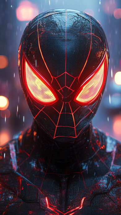 A stunning 4K wallpaper featuring Spider-Man illuminated in neon hues, standing amidst pouring rain. The dramatic lighting and futuristic tones create a vibrant and cinematic atmosphere, perfect for your desktop or mobile background.