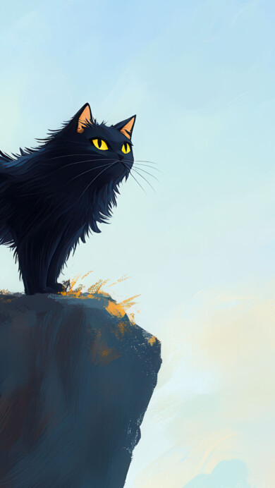 A stunning 4K wallpaper featuring a black cat perched on the edge of a rooftop against a moody, cloud-filled sky. This AI-generated artwork captures the feline's mysterious silhouette, creating a captivating and atmospheric scene, perfect for desktop or mobile backgrounds.