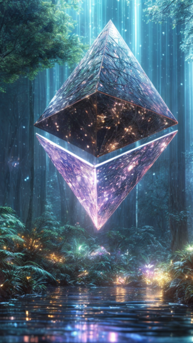 A mesmerizing 4K wallpaper featuring a glowing Ethereum crystal floating in a mystical forest. The ethereal lighting and dense, foggy trees create an enchanting atmosphere, blending futuristic blockchain symbolism with a fantasy-inspired landscape.