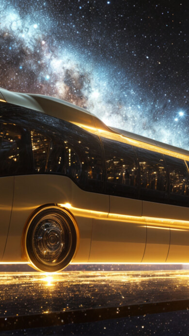 A mesmerizing 4K wallpaper featuring a futuristic space bus traveling through the cosmos, surrounded by distant stars and a vibrant galaxy backdrop. This stunning AI-generated artwork brings space travel to life with intricate details and a high-tech design, perfect for your desktop or mobile screen.