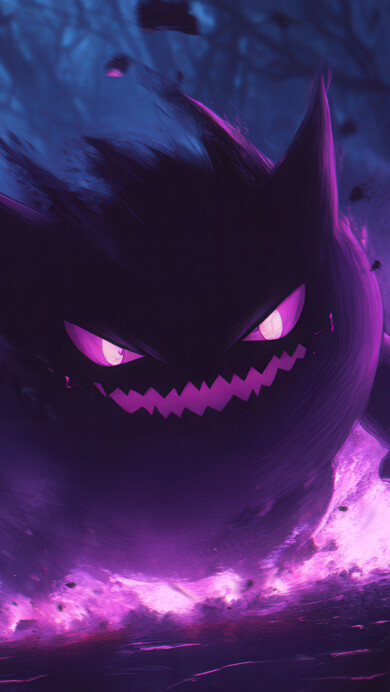 A stunning 4K wallpaper featuring Gengar, the iconic Pokémon, lurking in a shadowy dark forest. The eerie atmosphere, highlighted by mist and dimly lit trees, creates a mysterious and captivating scene, perfect for fans of the Pokémon series or those seeking a striking desktop or mobile background.