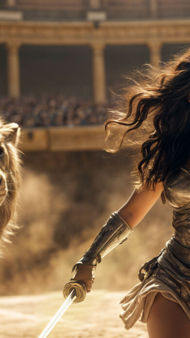 A stunning 4K wallpaper featuring a heroic woman standing fearlessly alongside a ferocious lion in a grand arena. The dramatic scene, rich in detail and atmosphere, captures the essence of bravery and power, making it an ideal choice for your desktop or mobile background.