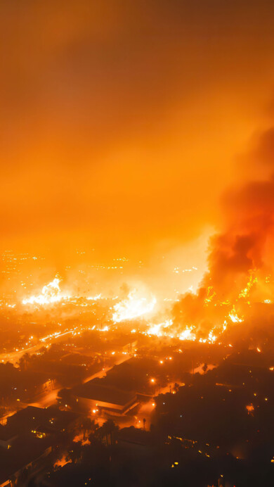 A stunning 4K wallpaper featuring an AI-generated depiction of Los Angeles engulfed in flames. The fiery hues and dramatic urban landscape create a cinematic and apocalyptic atmosphere, making it a striking choice for your desktop or mobile background.