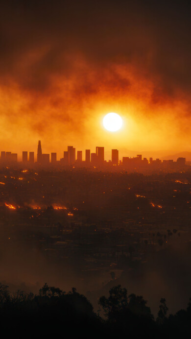 A dramatic 4K wallpaper featuring the Los Angeles skyline silhouetted against the intense glow of wildfires. The fiery sky casts a smoky haze over the city, creating a powerful and atmospheric scene, perfect for setting as your desktop or mobile background.