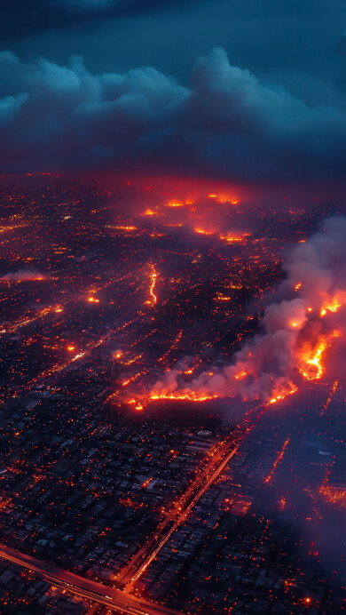 A striking 4K wallpaper featuring a dramatic wildfire scene over Los Angeles. The fiery orange hues of the flames contrast against the smoky sky and city skyline, creating a powerful visual that captures the intensity of the disaster. This captivating image is perfect for setting as your desktop or mobile wallpaper.