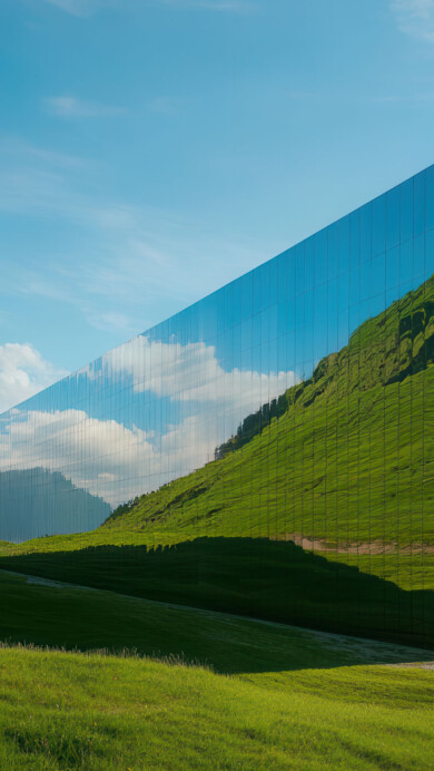 A stunning 4K wallpaper featuring a modern mirror cube reflecting breathtaking alpine scenery. The cube's reflective surface captures the surrounding snow-capped mountains and lush greenery, creating a surreal blend of modern design and natural beauty. Ideal for desktop or mobile backgrounds.