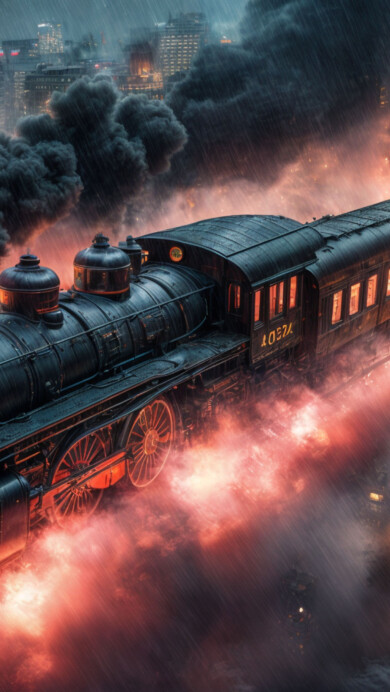 A stunning 4K wallpaper featuring a steam train traversing a cityscape at night. The glowing city lights illuminate the train's path, creating a striking contrast against the dark sky. The vintage steam train adds a nostalgic charm to the modern urban backdrop, perfect for enhancing your desktop or mobile wallpaper.