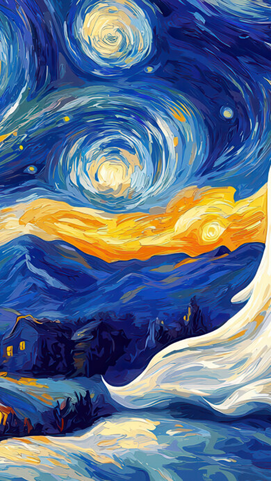 A stunning 4K wallpaper featuring an AI-generated ghost under a swirling Van Gogh-style sky. The starry night-inspired backdrop and impressionist brushstrokes create a mesmerizing and surreal visual, perfect for adding an artistic touch to your desktop or mobile screen.