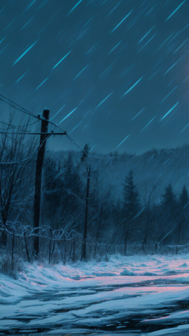 A stunning 4K wallpaper featuring a winter watchtower under a snowy night sky illuminated by countless stars. The serene landscape, blanketed in snow, evokes a sense of calm and wonder, making it a perfect choice for desktop or mobile backgrounds.