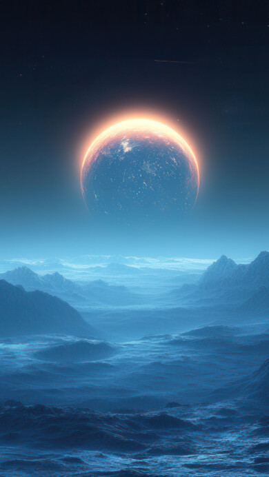 A mesmerizing 4K wallpaper featuring an alien planet casting an ethereal glow over a vast frozen terrain. The icy landscape reflects the planet’s radiant light, creating a breathtaking sci-fi scene. This AI-generated artwork captures the beauty of an otherworldly environment, perfect for your desktop or mobile wallpaper.