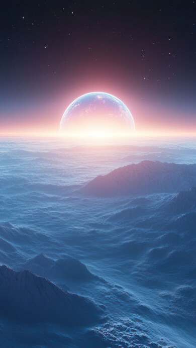 A stunning 4K wallpaper featuring an alien planet’s sunrise casting a golden glow over towering icy mountains. The surreal extraterrestrial landscape, with its frozen peaks and vibrant sky, creates a mesmerizing sci-fi scene, perfect for desktop and mobile backgrounds.