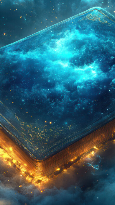 A mesmerizing 4K wallpaper featuring an AI-generated cosmic book floating through the vastness of space. Glowing pages emit a radiant light, illuminating the surrounding galaxies and stars, creating a surreal and dreamlike atmosphere. Perfect for use as a desktop or mobile wallpaper.