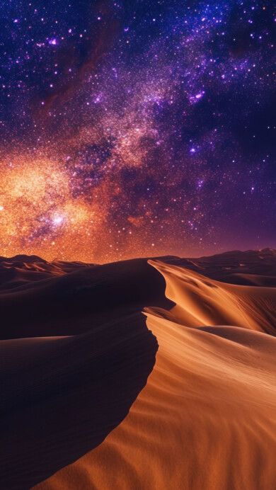 A mesmerizing 4K wallpaper featuring a vast desert horizon under a breathtaking galactic night sky. The AI-generated artwork showcases a cosmic expanse filled with glowing stars and nebulae, casting a celestial glow over the dunes. Perfect for enhancing your desktop or mobile background.