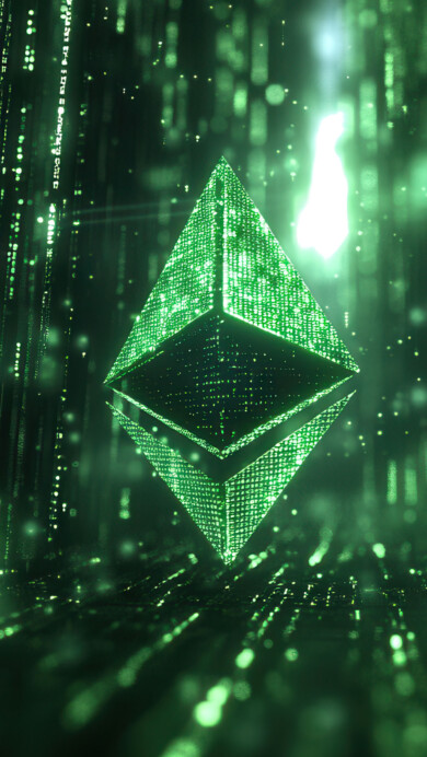 A mesmerizing 4K wallpaper featuring an AI-generated depiction of Ethereum glowing in a Matrix-inspired digital landscape. The futuristic design, filled with neon green code and cyberpunk aesthetics, creates a visually striking tribute to blockchain technology.