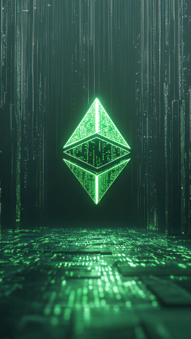 A stunning 4K wallpaper featuring the Ethereum symbol illuminated against a futuristic digital matrix background. The neon-lit blockchain-inspired design creates a high-tech, cyberpunk aesthetic, making it a perfect choice for cryptocurrency enthusiasts and technology lovers alike.