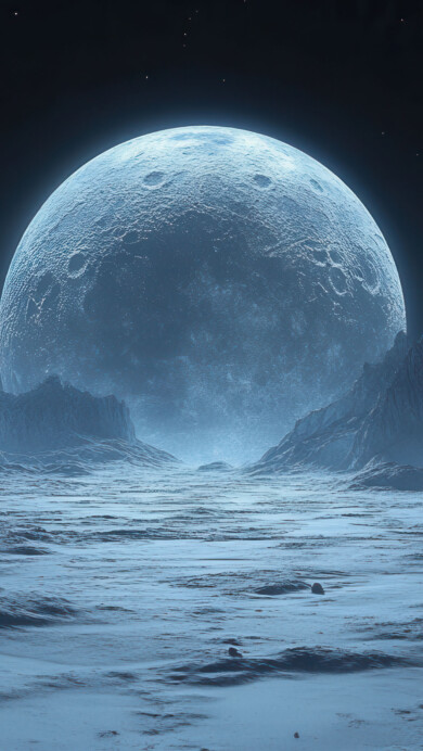 A stunning 4K wallpaper featuring a frozen alien landscape beneath an enormous moon. This AI-generated artwork captures an otherworldly atmosphere with icy terrain stretching into the horizon, illuminated by the moon’s ethereal glow. Perfect for sci-fi enthusiasts and space-themed backgrounds.