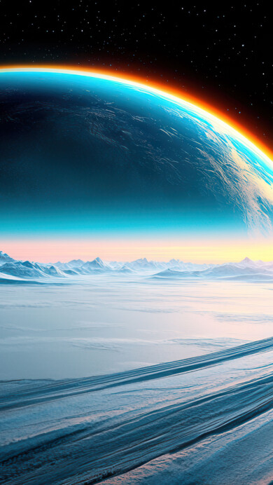 Frozen World Beneath A Rising Planet 4K Wallpaper