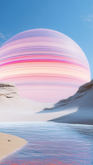 A mesmerizing 4K wallpaper featuring a colossal planet hovering above vast desert dunes. This surreal AI-generated artwork blends cosmic and terrestrial elements, creating an otherworldly landscape bathed in warm, golden hues. Perfect for desktop or mobile backgrounds.