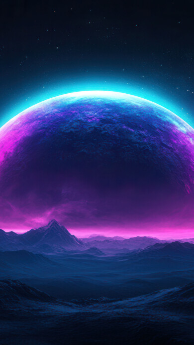 A mesmerizing 4K wallpaper featuring a radiant planet casting an otherworldly glow over a dark alien terrain. This AI-generated artwork captures the eerie beauty of an extraterrestrial landscape, blending science fiction and fantasy into a breathtaking cosmic scene.