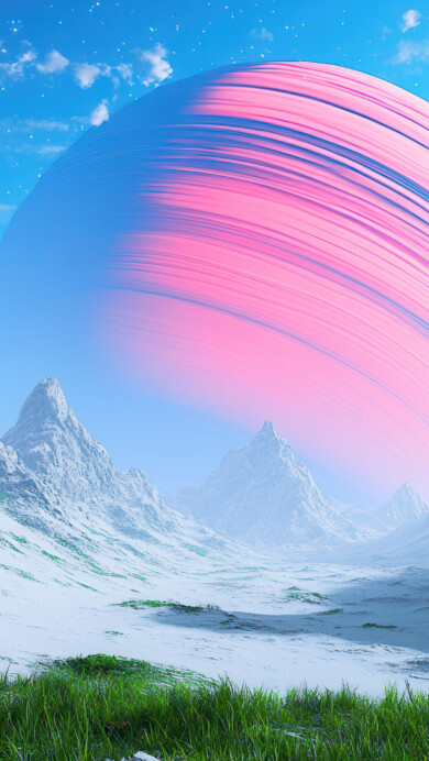 A mesmerizing 4K wallpaper featuring a snowy alien landscape under the glow of a massive ringed planet. This AI-generated artwork captures an otherworldly scene with icy terrain and a breathtaking cosmic backdrop, perfect for a sci-fi-inspired desktop or mobile wallpaper.