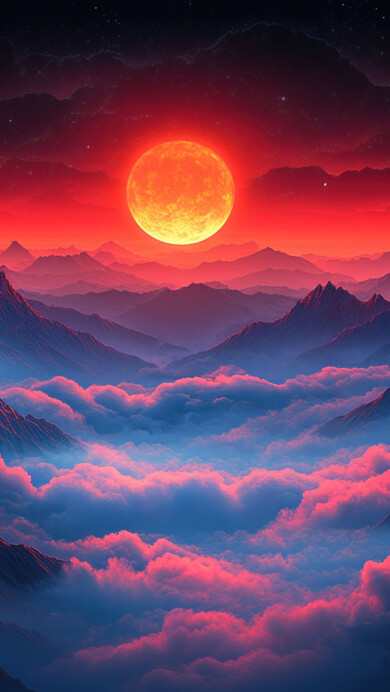 A mesmerizing 4K wallpaper featuring a massive red moon rising over misty mountain clouds. The deep crimson glow illuminates the night sky, creating a dramatic and otherworldly atmosphere. This AI-generated artwork captures the essence of celestial beauty, making it a perfect background for desktop and mobile screens.