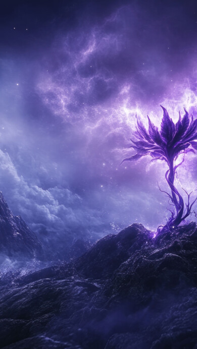 A stunning 4K wallpaper featuring a mystical purple flower set against a dramatic, stormy night sky. The flower's vibrant colors contrast beautifully with the dark, swirling clouds, creating an atmospheric and surreal scene that is perfect for any desktop or mobile background.