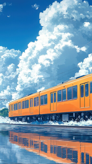 Orange Train On Water 4K Wallpaper