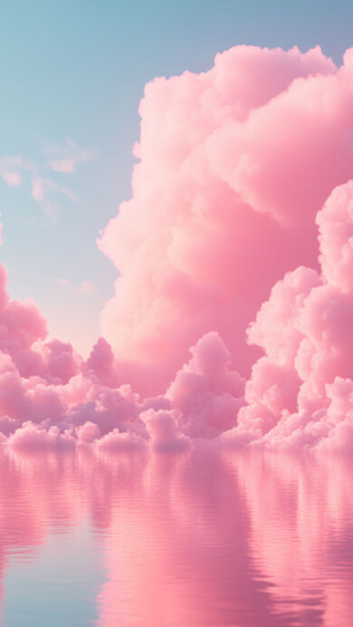 A stunning 4K wallpaper featuring pink cotton candy clouds drifting over a tranquil body of water, casting a dreamy and ethereal glow across the serene landscape. The soft pastel hues blend seamlessly, creating a surreal and picturesque scene.